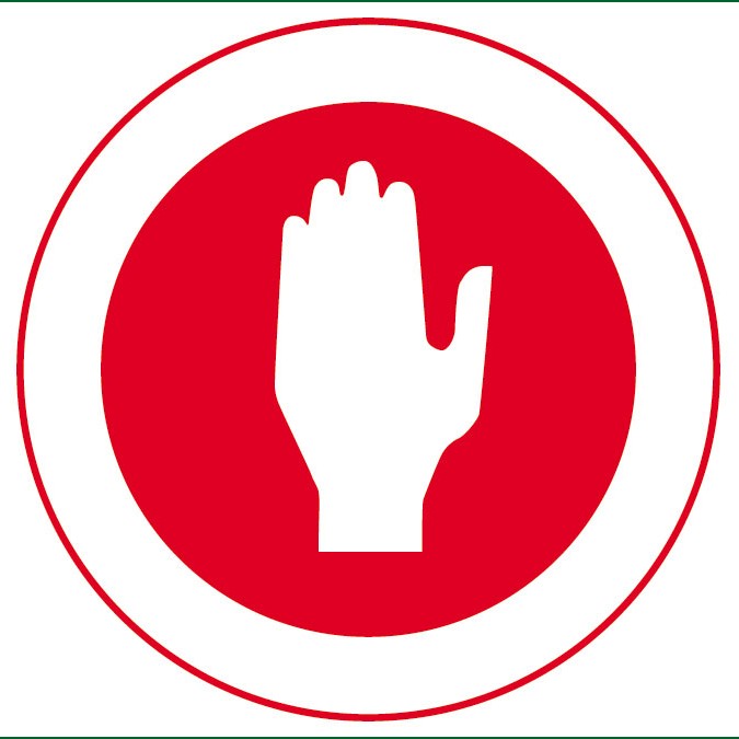 A red circular sign with a white hand in the center, palm facing forward, indicating a stop or do not enter warning.