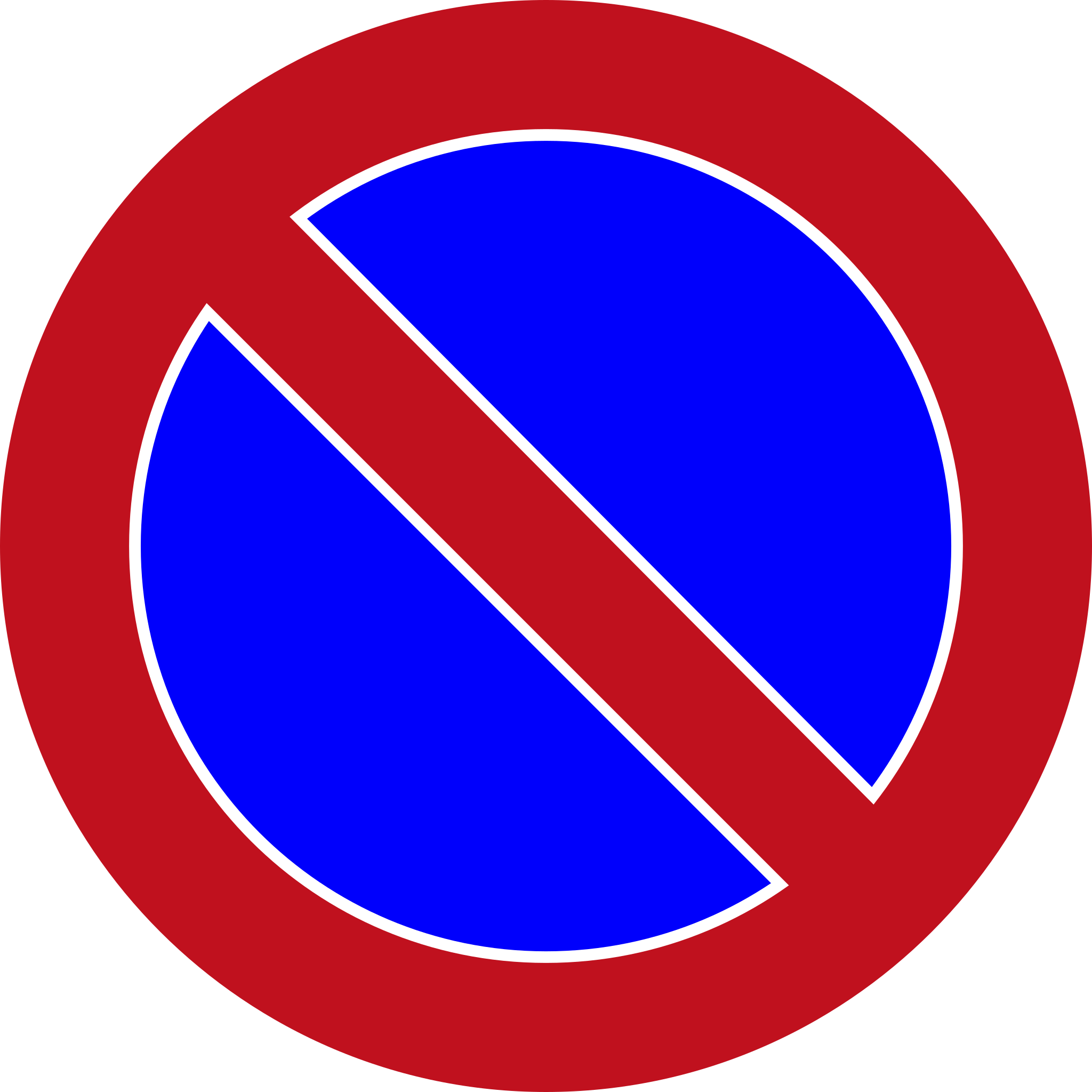A blue circle with a red border and a diagonal red line, indicating a No Parking or No Stopping traffic sign.