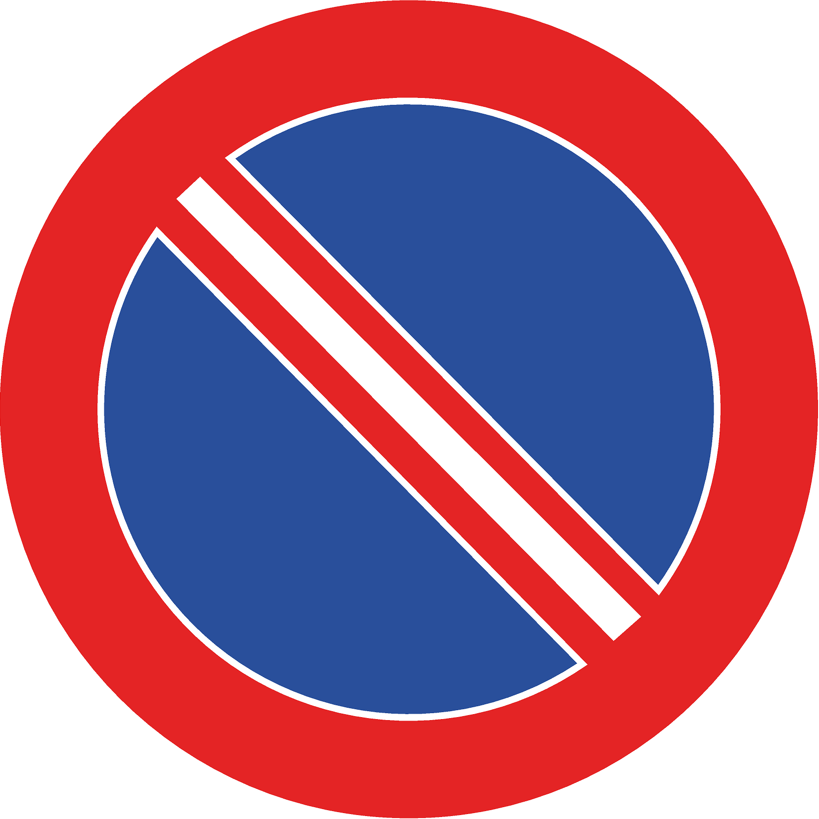 A round traffic sign with a blue center, red border, and a white diagonal stripe, indicating no parking allowed.
