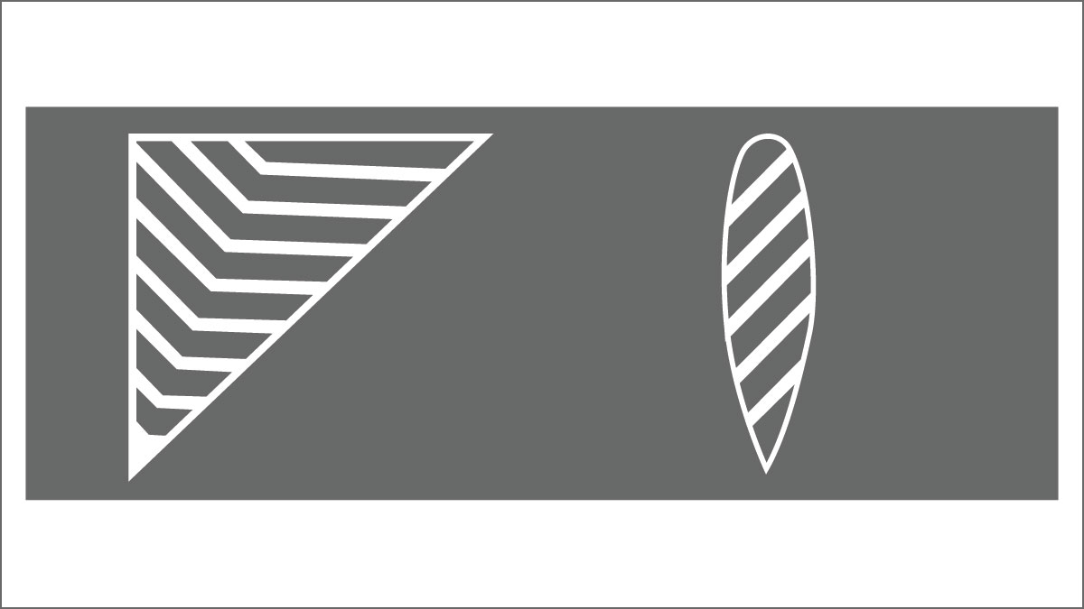 A gray rectangle with a large white-bordered triangle filled with diagonal white stripes on the left, and an oval with diagonal white stripes on the right. Both shapes are set against the gray background.
