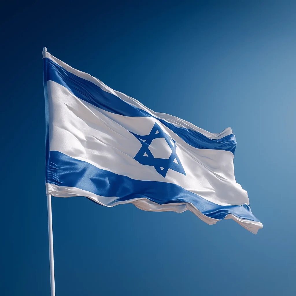 The flag of Israel waving in the wind against a clear blue sky, featuring blue and white stripes with a blue Star of David in the center.