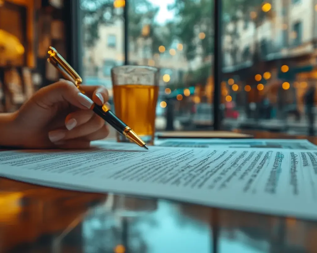 A hand holding a pen is poised over a document on a table in a cozy café, with תבניות מכתבי ערעור על דוחות nearby, a glass of tea at hand, and blurred city lights visible through large windows in the background.
