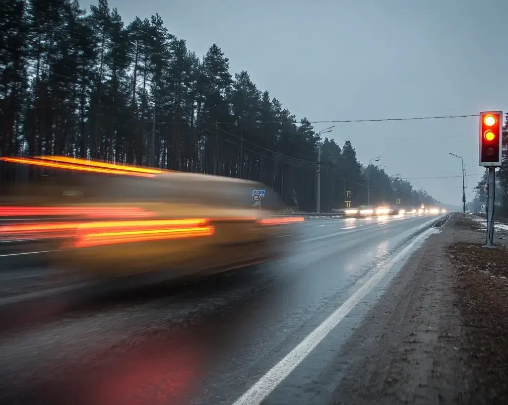 A blurry car speeds through a wet road at dusk with its lights trailing, passing a red traffic light—an image often seen in מצלמות מהירות ערעור cases. Other vehicles’ headlights glow in the distance, and a forest lines the roadside under a gray sky.