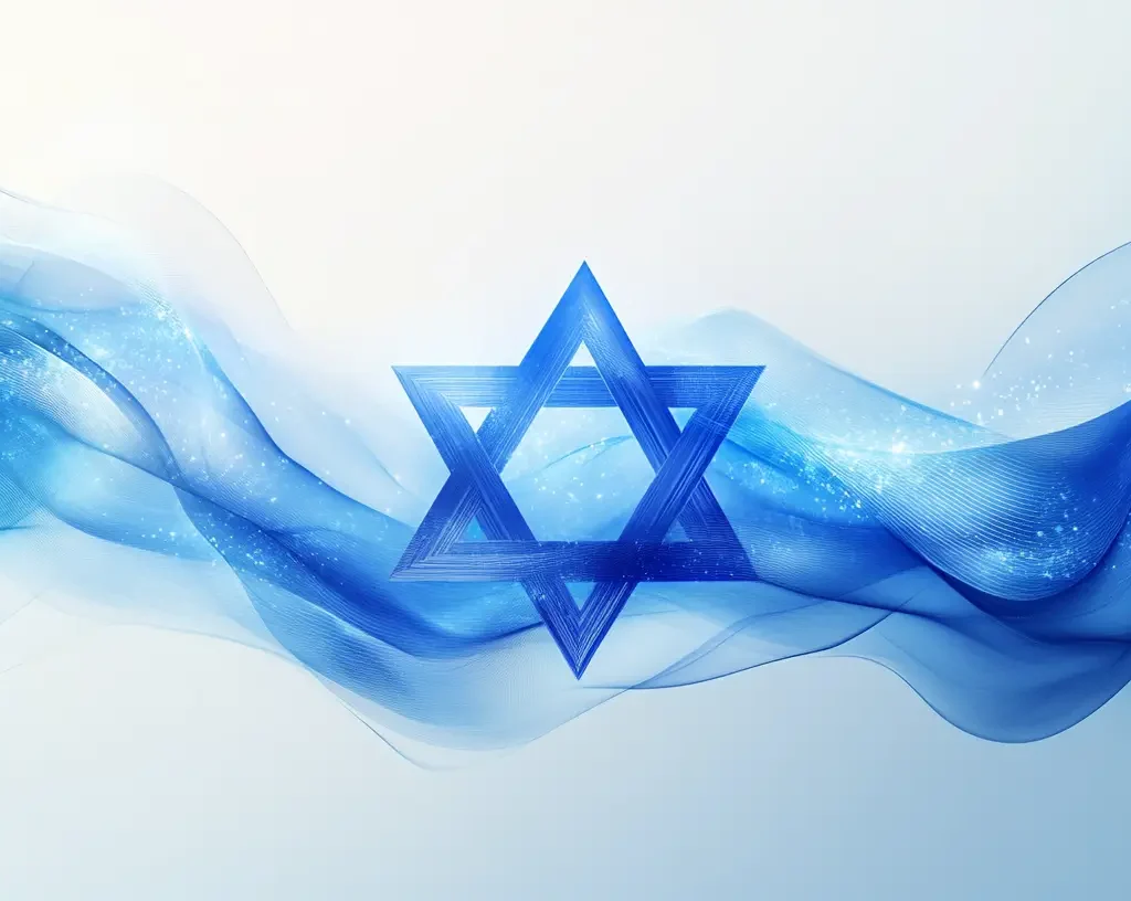 A blue Star of David centered over flowing, translucent blue waves with sparkling accents on a light background.