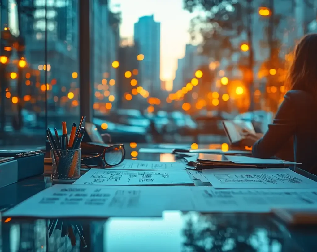 A person sits at a table by a large window at dusk, reading a book. Among the papers and pens are תבניות מכתבי ערעור על דוחות, while city lights and blurred buildings shine outside on the busy street.