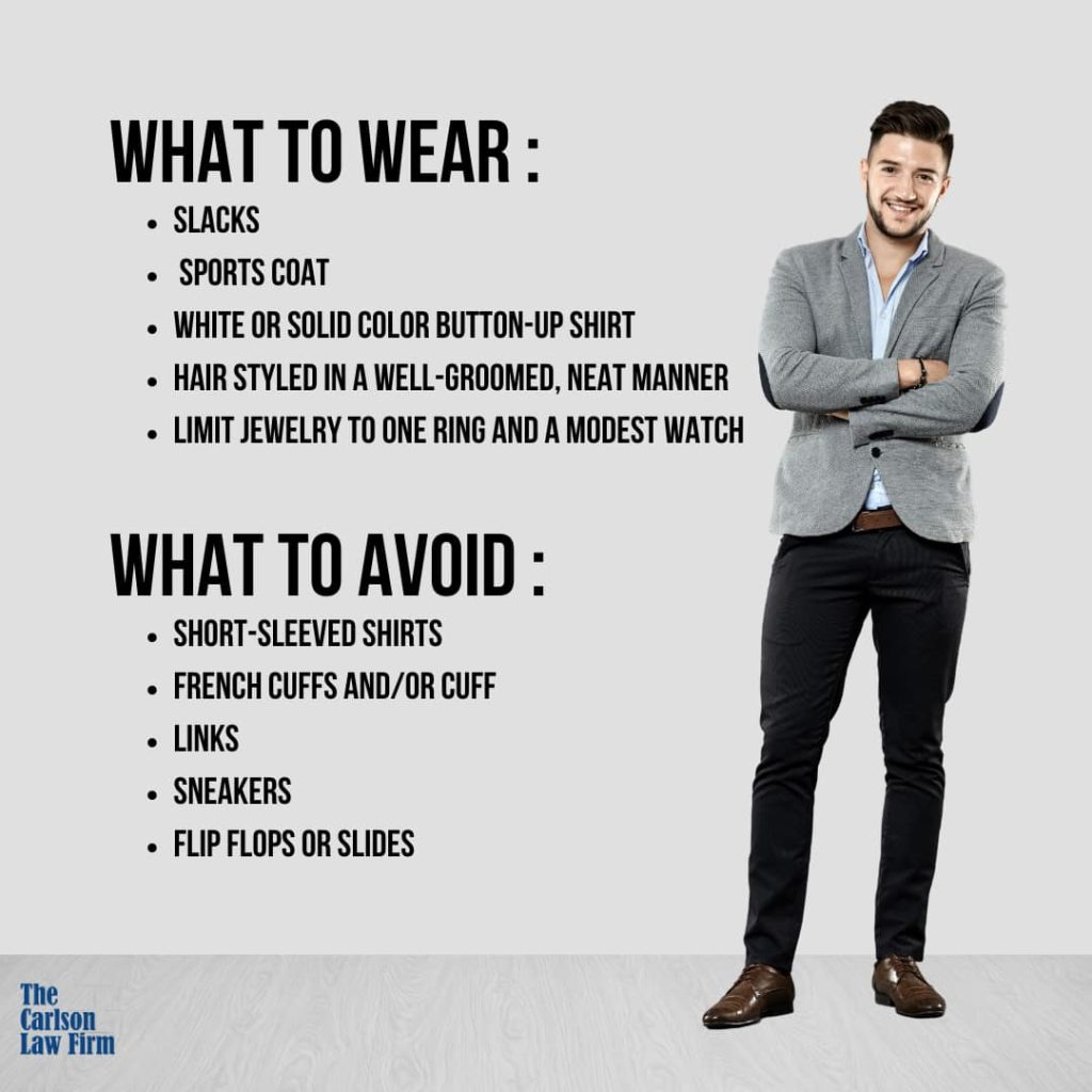 A well-dressed man stands smiling with arms crossed next to a list of what to wear and avoid for court, including slacks, sports coat, neat hair, minimal jewelry, and avoiding short-sleeved shirts, sneakers, and flip flops.